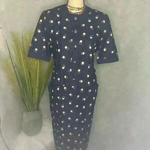 Leilian Blue Denim Skirt Suit Short Sleeve Circle Design Made in Japan Size 9